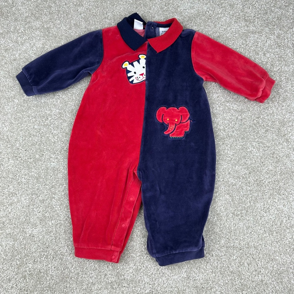 Baby UR It Vintage Velour Romper 6/9M Red Blue Colorblock Tiger Elephant Cotton